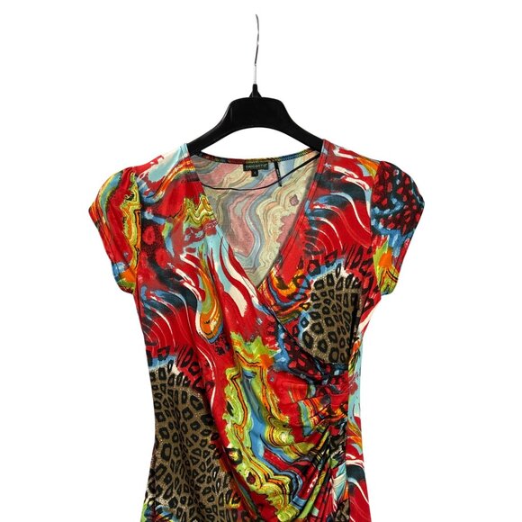 Vintage Y2K Tricotto Leopard Abstract Print Midi Dress S Ruched Ruffle Detail - Picture 2 of 9